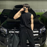 Hearujoy 2024 Fashion Men Tank Tops Tshirt Sets Tracksuit Sportswear Solid Stripe Drape Vest+Trousers 2 Piece Streetwear Suit Male